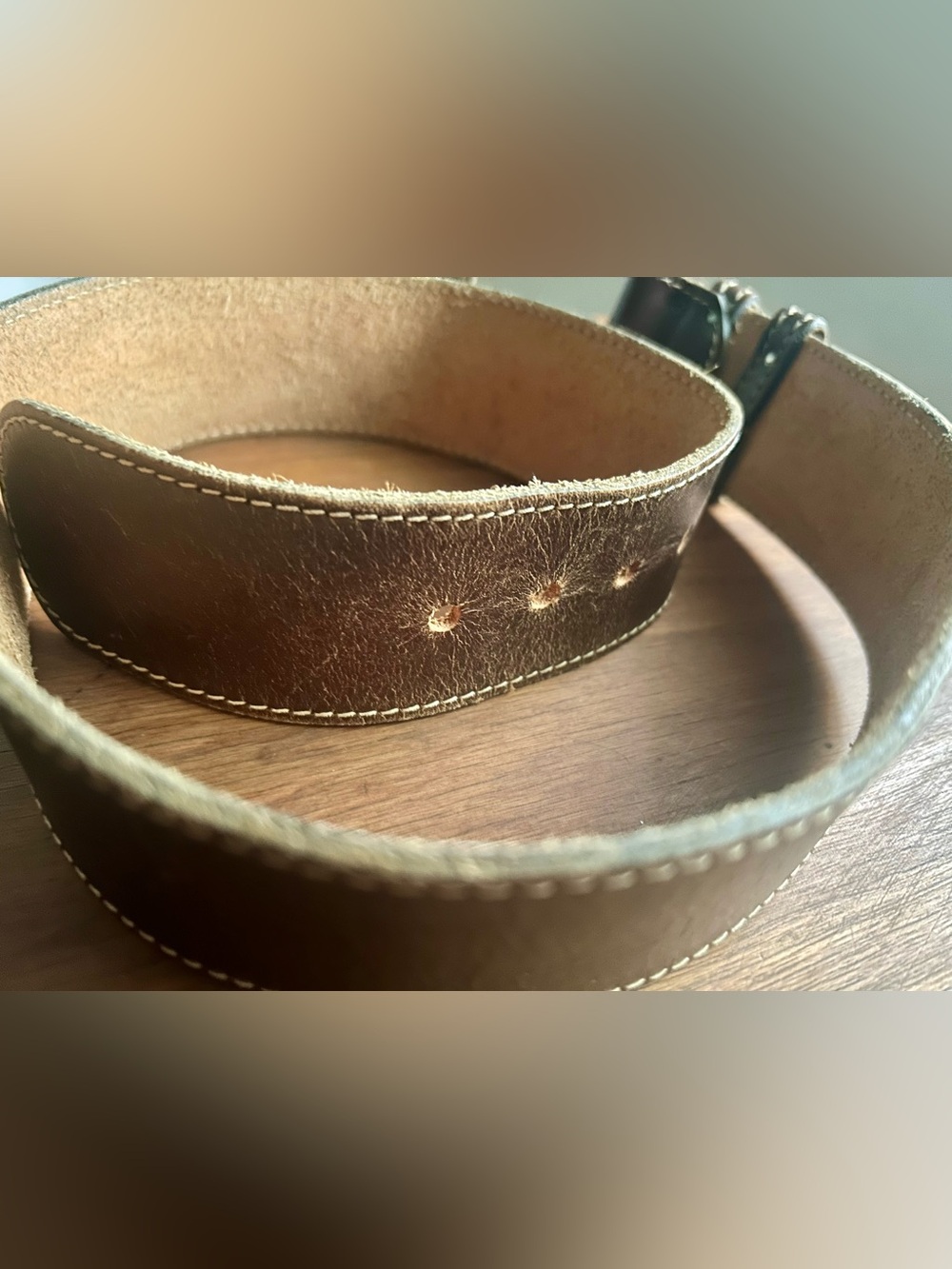 Vintage Brown Leather Belt Made in USA Wide Contrast Stitch Statement Belt - Picture 3 of 7